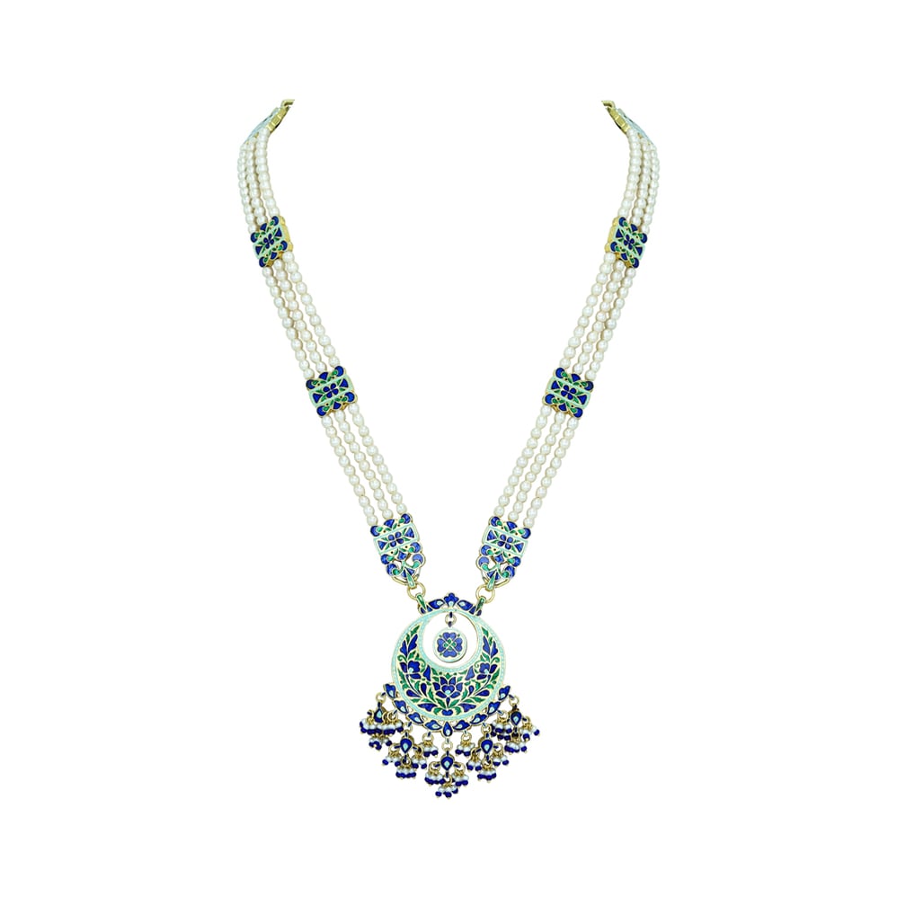 Three-Strand Pearl Necklace with Blue Enamel and Sapphire Accents